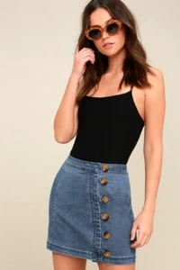 Free People Skirt 6 Light Wash Stretch Denim Boho Summer Button-up Mini - Picture 1 of 7
