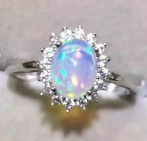 Natural Ethiopian Opal Ring 925 Sterling Silver CZ Ring Women's Fine Gift Ring