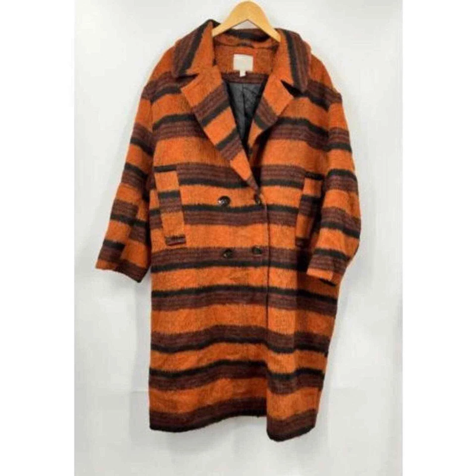 Asos Womens Brushed Coat Brown Orange Striped Buttons Pocket Flaps Collar 12 - Image 1 of 4