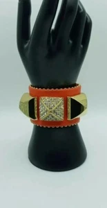 Juicy Couture Wide Faux Leather Orange Bracelet Chunky GoldTone Pave Rhinestones - Picture 1 of 11