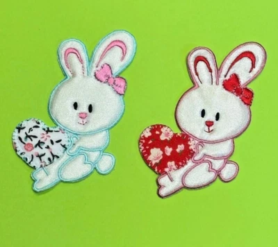 6pc lot Rabbit w/ Heart-Satin & Embroidered Iron On Applique Patch-can mix color - Image 1 of 2