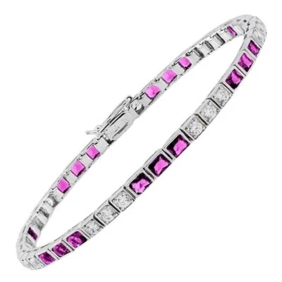 18K White Gold Natural Square Ruby and Diamond Art Deco Style Tennis Bracelet - Image 1 of 4