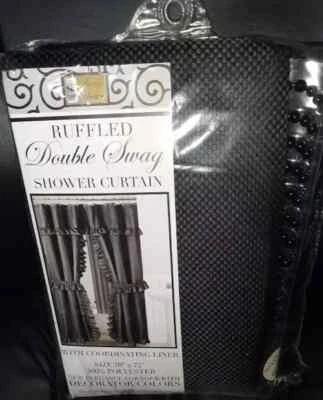 MOSAIC DOUBLE SWAG FABRIC SHOWER CURTAIN, SHOWER LINER, 12 RINGS AND TIEBACKS - Image 1 of 3