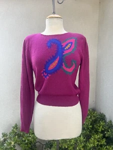 Maglione maglia vintage anni 70 viola paisley stampa lampone XS Raoul - Foto 1 di 10