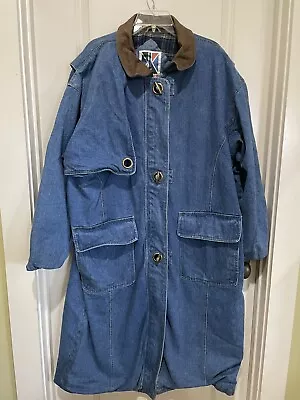 VTG Komitor Denim Blue Jean Ranch Chore Barn Coat Duster Plaid Lined Womens 3X - Image 1 of 4