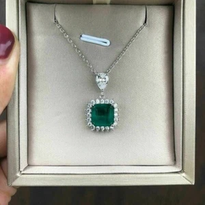 Splendido Ciondolo Donna Taglio Simulato Smeraldo In Oro Bianco 14K Placcato - Foto 1 di 6