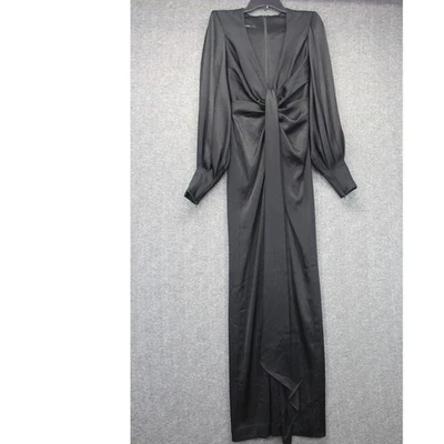 Vestido Alex Perry Negro Satinado Reino Unido 8 EE. UU. 4 V Cuello Cremallera Puño Manga Larga Abertura Espalda Foto 1 de 4