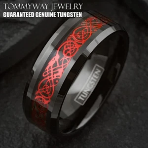 8mm Black Tungsten Carbide Men's Ring Red Celtic Dragon Wedding Band - Picture 1 of 10