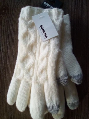 Новые с ценниками женские вязаные перчатки варежки • слоновая кость/серый • один размер • Sonoma • флисовая подкладка - Изображение 1 из 4