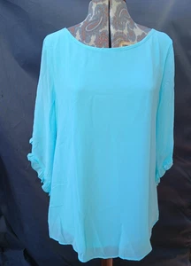 Camicia blusa blu acqua verde acqua manica 3/4 volant doppio strato chiffon L XL XXL - Foto 1 di 6