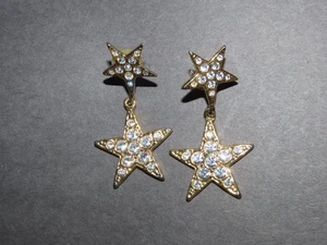 1980s STARS DANGLE EARRINGS 2.25" GOLD TONE WITH RHINESTONES VINTAGE - Picture 1 of 2