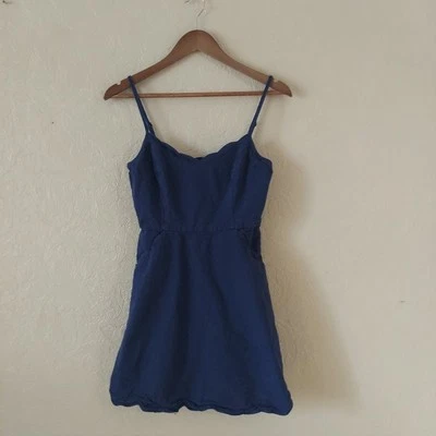 Mini Vestido Pixley Azul Lino Algodón Correas de Espagueti Talla Pequeña Foto 1 de 4
