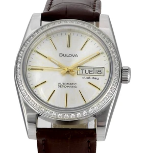 Vintage BULOVA Dual Day Set-O-Matic  Mens Wrist Watch - Swarovski Crystals Bezel - Bild 1 von 4
