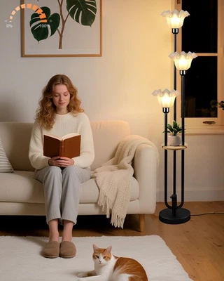 Lámpara de pie con flores para sala de estar, lámpara de pie vintage regulable con estante y 3... Foto 1 de 4