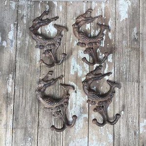 4 Cast Iron Mermaid Double Wall Hook Nautical Rustic Beach House Coat Hangers - Picture 1 of 4
