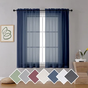 Navy Blue Sheer Curtains 2 Panels with Dual Rod Pocket, Light Filtering Treatmen - Picture 1 of 9