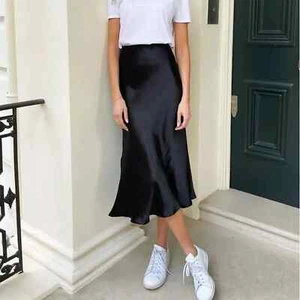 Damen Satin Kunstseide A-Linie Hohe Taille Rock Midi Lang Solide Fischschwanz Kleid - Bild 1 von 12
