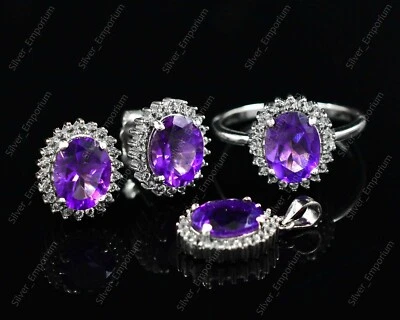 Naturale Ametista Gemma 925 Anello Argento Sterling Orecchini Ciondolo Gioielli - Immagine 1 di 4
