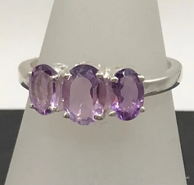 Amethyst ring solid Sterling Silver oval three stone trilogy gift box - Image 1 of 4