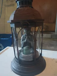 Vintage Hanging Lantern Buddhist Art Windowed Deco with Buddha and candle - Picture 1 of 14