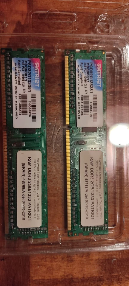 KIT RAM 4GB (2X 2GB) DDR3 PC3-10600U 1333MHZ ORIGINALI Patriot - Immagine 1 di 1