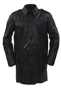 Infinity Men's Long Military Soft Distressed Black Leather Trench Coat - Picture 1 of 8