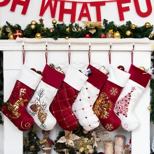Family Christmas Stockings Set of 6 New Embroidery Sequins 20" Large Decor Red W - Picture 1 of 6