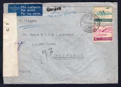 SWITZERLAND 1941 Censored Airmail Cover to Red Cross in Canada Clipper Portugal - Image 1 of 2