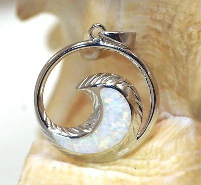 22MM RHODIUM 925 SILVER INLAID WHITE OPAL HAWAIIAN BREAKING OCEAN WAVE PENDANT - Изображение 1 из 4