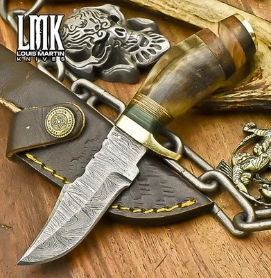 Cuchillo desollador de caza personalizado LMK torcido cuerno de carnero damasco senderismo miniatura Foto 1 de 4