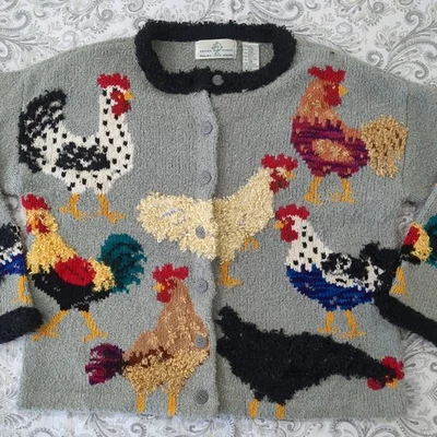 Vtg Design Options Philip Jane Gordon Cardigan Rooster Chickens Art Size Small - Image 1 of 4