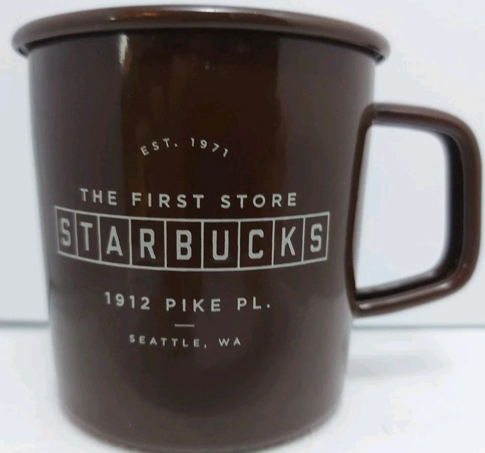 STARBUCKS The First Store Seattle Pike Place Brown Tin/Enamel Coffee Mug 14oz  - Image 1 of 4