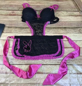 Vintage Y2K Playboy Apron Costume Lingerie Pink Black Lace Bunny Ruffles Small - Picture 1 of 9