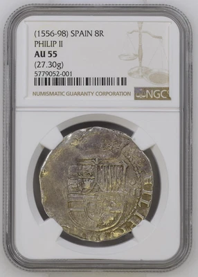 1556-1598 España 8 Reales Felipe II NGC AU55 (27,30g) Top Pop! Silver Cob Foto 1 de 4