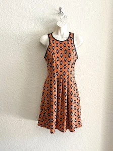 SUNNY GIRL ~ Orange Black Print Sleeveless Fit & Flare Knit Dress Women’s Small - Picture 1 of 14