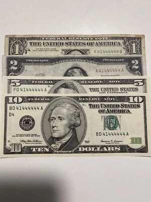 All set of 4《MATCHING BINARY BILLS UNC 》1&2&5&10 BILLS 41444444，Super Top Rare！！ - Image 1 of 4