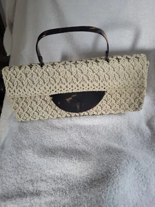 Vintage 1960's? Unbranded Macrame & Faux Tortoise Latch/Handle Handbag Purse - Picture 1 of 10
