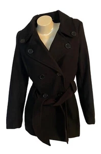 ⭐️Women's JouJou Size Medium Wool Blend Belted Black Pea Coat⭐️ - Picture 1 of 13