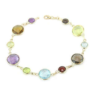 14K Yellow Gold Bracelet With Round Shaped Multi Color Gemstones 8 Inches - Picture 1 of 3