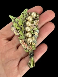 Vintage Bouquet Enamel Flowers Pearl Brooch Pin - Picture 1 of 7