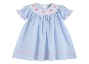 NWT Lil Cactus Blue Pink Bow Bishop Smocked 3 6 Months Baby Girls Dress 3-6M - Picture 1 of 4