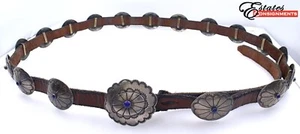 Vintage Navajo Lapis Lazuli Coin Silver Copper Leather Concho Belt - Picture 1 of 10