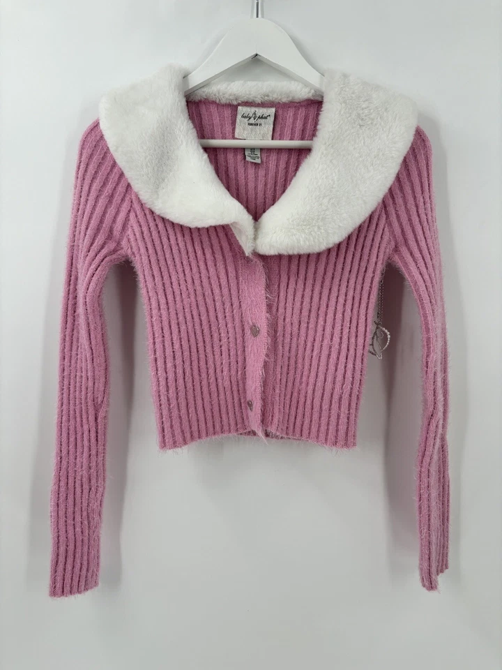 Forever 21 x Baby Phat Cardigan Sweater Womens Medium Pink Y2K Faux Fur Collared - Image 1 of 4