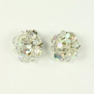 ✅ Vintage Pair Jewelry Clip On Earrings Clear Bead Flower Silver Plate MCM - Picture 1 of 2