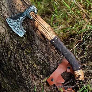 Hacha barbuda vikinga grabada con hoja de acero Damasco forjada a mano - Imagen 1 de 4