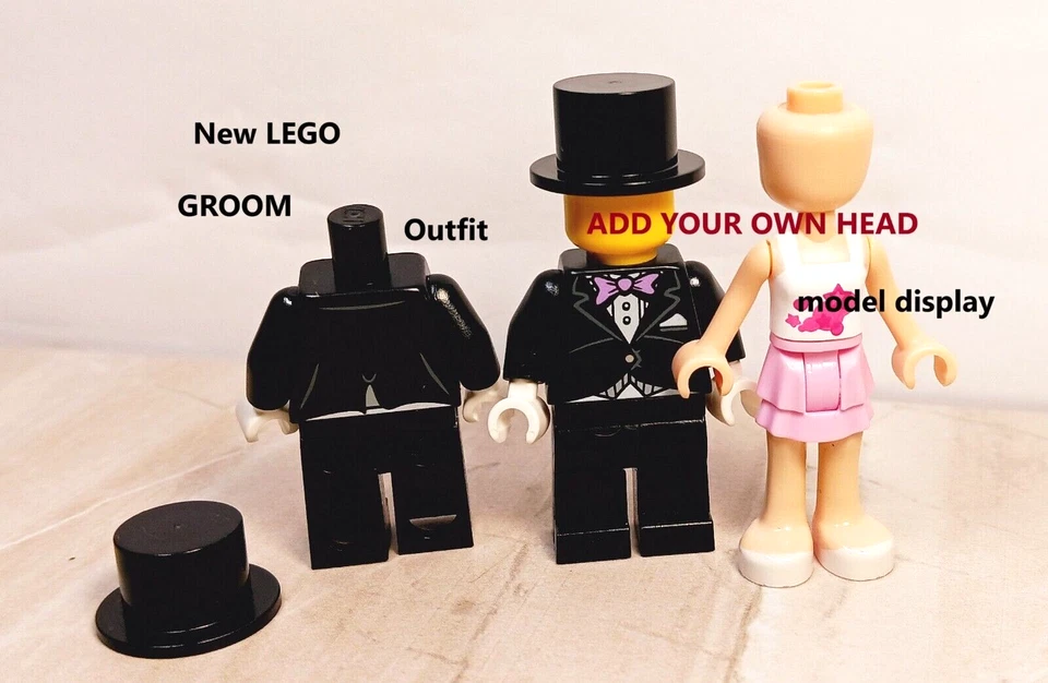 Nuevo LEGO Esmoquin Novio Batman AÑADE TU CABEZA Corbata Púrpura SOMBRERO DE COPA GRATIS Padrinos de boda Foto 1 de 1