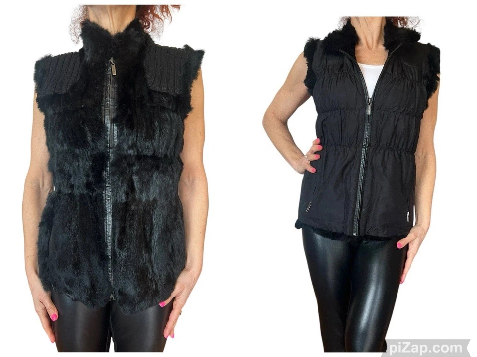 Linda Richards Luxury XS Ruched Silk Black Knit  Rabbit Fur Reversible Vest - Image 1 of 4