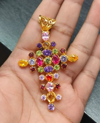 Ciondolo CROCE pietra multicolore argento sterling 925 placcato oro... - Immagine 1 di 4