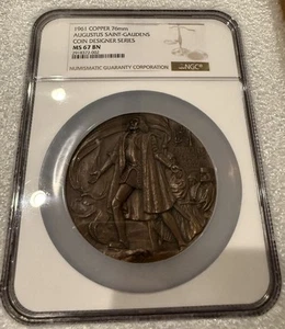 1961 COPPER 76mm AUGUSTUS SAINT-GAUDENS COIN DESIGNER SERIES MS 67 BN Big Slab - Picture 1 of 15