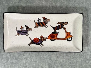 Cobwebs & Cauldrons Gnome Dog Dachshund Vespa Halloween Ceramic Platter - Picture 1 of 6